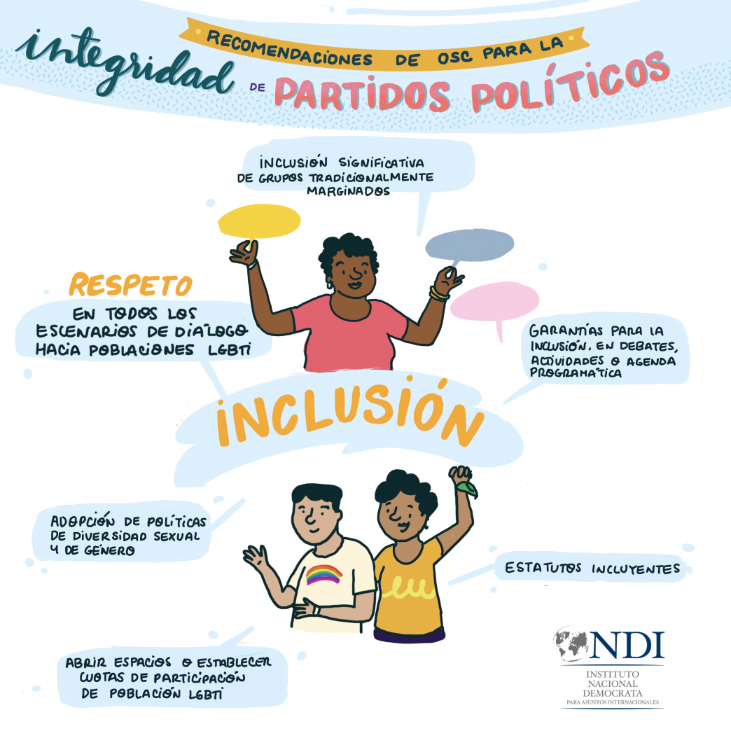 Illustration of civil society organizations pitching integrity recommendations to political parties in Colombia, by AmazINK.